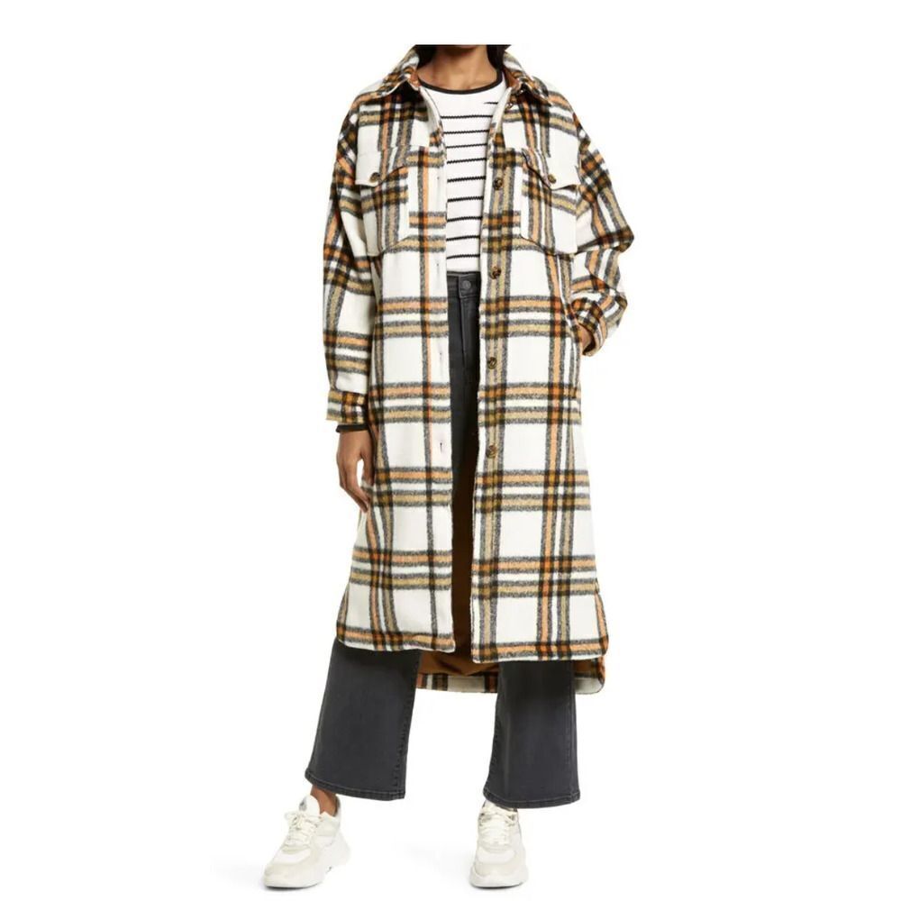 TREASURE & BOND Plaid Long Shirt Jacket Shacket in Cream Orange Olive Plaid SZ L